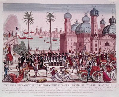 1807 年 3 月 21 日、コンスタンティノープルからイギリス船を追い出すための軍隊の移動 (色付きの彫刻) 作： French School