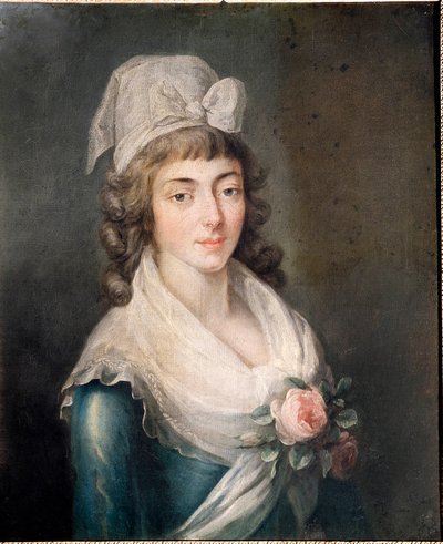 ローラン夫人フランス革命の立役者、ジロンダン帽をかぶったローラン夫人（1754-1793）の肖像。 フランス派の絵画 作： French School