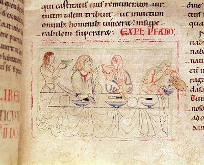Ms.1215 t.3 fol.158v、食事とジュディスとホロフェルネス、エティエンヌハーディングの聖書、1109 作： French School