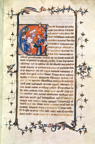 Ms.239 fol.1ペトラルク（1304-74）による「De Remediis Utriusque Fortunae」からのホイールオブフォーチュンの前に座った男を描いた歴史的なイニシャルのあるページ 作： French School