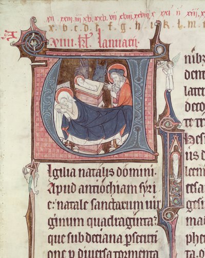 Ms.838 fol.55 1270年以降のノートルダムドプレノートルからのキリスト降誕のイニシャルUと私は、キリスト降誕と幼児キリストを描いています（155905も参照） 作： French School