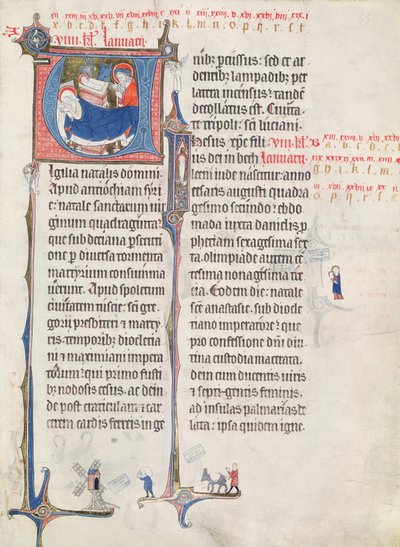 Ms.838 fol.55 1270年以降の &39;Obituaire de Notre Dame de Pres&39;からのキリスト降誕のイニシャル &39;U&39;と &39;I&39;によるキリスト降誕と幼児キリストの描写（155905も参照） 作： French School