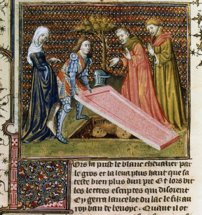 Ms.Fr.118 f.190ランスロットは自分の運命の墓から石を持ち上げ、Livre de Messire Lancelot du Lacから彼の名前と血統を学びます 作： French School