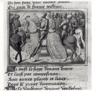 Mr.Fr.5054 fol.26 rシャルル7世（1403-61）とドリューの包囲でのジャンヌダルク、レヴィジルドシャルル7世、マルティアルドーベルニュまたはパリ（1430-1508）1484作 作： French School