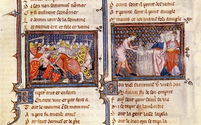 Ms 1044 fol.20木星vs土星：土星がロンバードに鎌の使い方を教える、Chretien Legouais著Ovide Moraliseから 作： French School