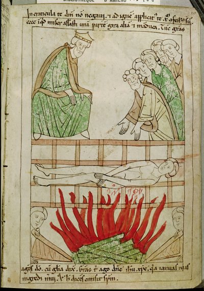 Ms 108 fol.213聖書からの258 ADの聖ローレンスの殉教 作： French School