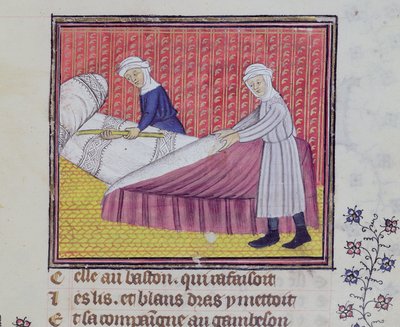 Ms 1130 fol.83r貞操と貧困、ベッドを作る 作： French School