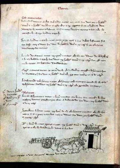 1175女史f.8vファーマーと彼の馬とカート、Vieil Rentier dAudenarde、1291-1302 作： French School
