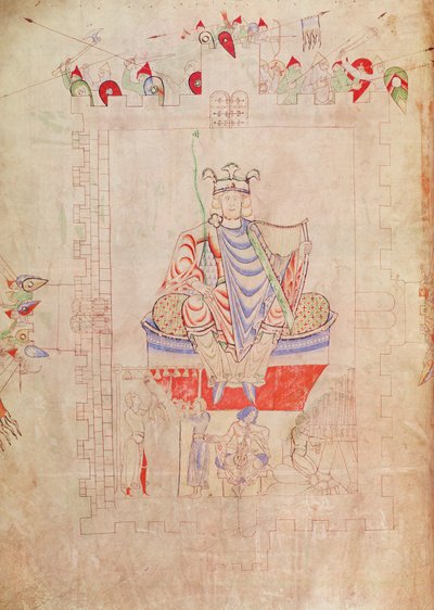 1215 t.3 fol.13vエルサレム中心部の荘厳なダビデ王、1109年 作： French School