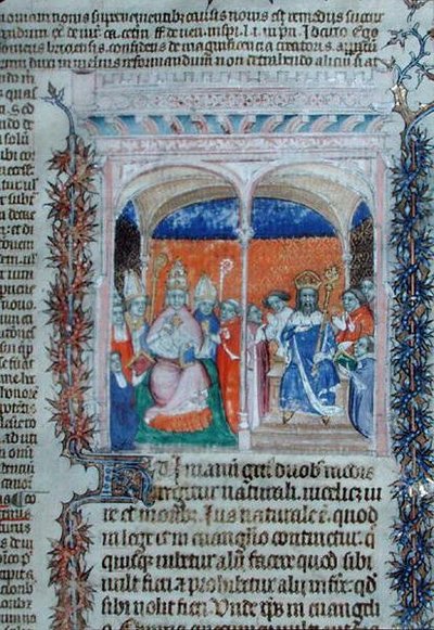 Ms 1290 「Decrets de Gratien」から「教皇と王」（ヴェラム製） 作： French School