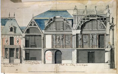 Ms 130736ルイルヴォーによって建設されたベルサイユ宮殿の翼の断面（（1612-70）（紙のトイレ） 作： French School