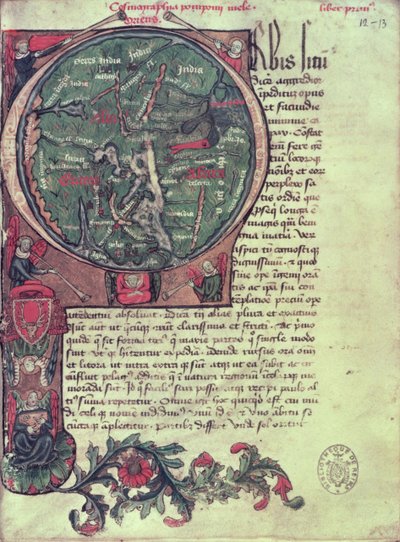Ms 1321 fol.12 Mela（fl.c.50 AD）1418による「状況の世界からの地球を描いた歴史的な初期の &39;O&39;」 作： French School