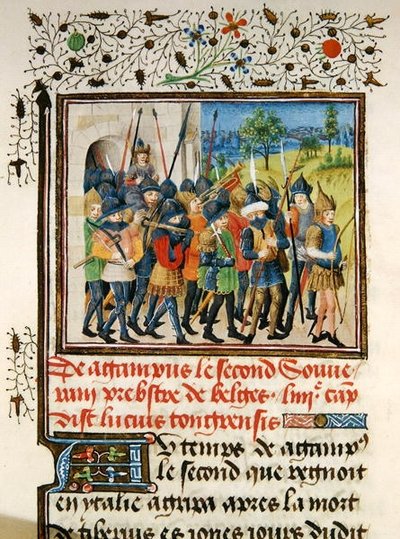 Ms 149 t.1 fol.45キャンペーン中の陸軍、ジャックドギーズ作の高貴な貴族の歴史家 作： French School