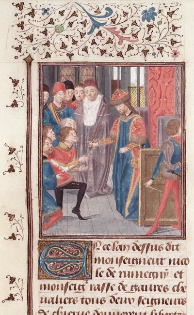 Ms 149 t.3 fol.95v二人の騎士の任命、ジャックドギーズ作「貴族の歴史」より 作： French School