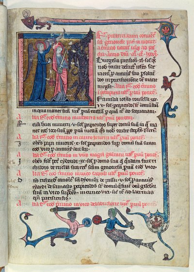 サンジュヌヴィエーヴ修道院出身のMs 16261 fol.13v聖ジュヌヴィエーヴ、天使の助けを借りて悪魔と戦う 作： French School