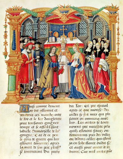 Ms 18 f.185vブルゴーニュのマリアとオーストリアの皇帝マクシミリアン1世の結婚、フィリップオブコミネス（1445-1509）の回想録 作： French School