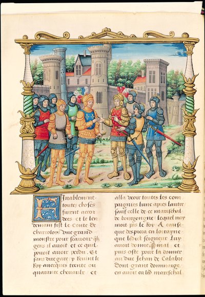 Ms 18 f.32v 1465年10月、ブルゴーニュ公ルイ11世とチャールズ・ザ・ボールドの間のコンフラン条約、フィリップ・オブ・コミネス（1445-1509）の回顧録 作： French School