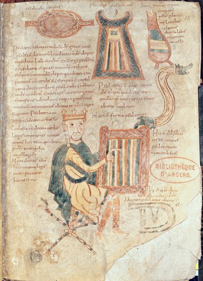 Ms 18 fol.13ダビデ王が詩篇から詩篇を演奏 作： French School