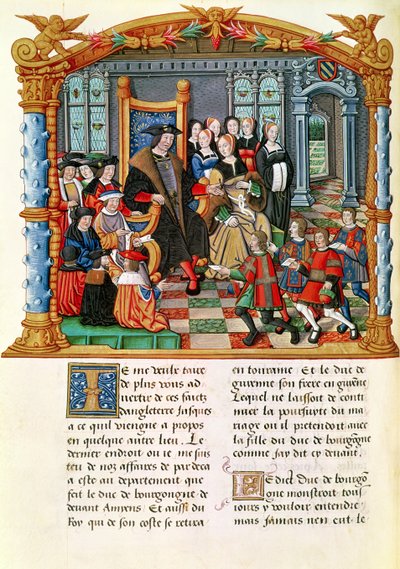 Ms 18 fol.84vフランスおよびガイエンヌから使節を受け取ったブルゴーニュ公チャールズザボールド（フィリップオブコミネの回顧録（1445-1509）から） 作： French School