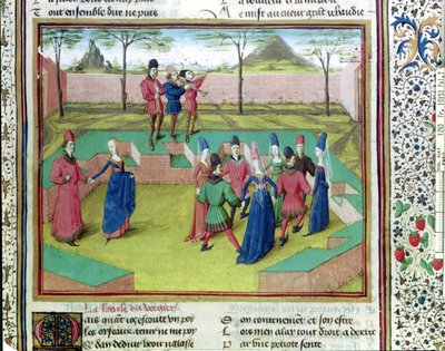 Ms 19153 f.7果樹園のキャロル、ジャン・ド・メウン作のル・ロマン・デ・ラ・ローズのイラスト、c.1460 作： French School