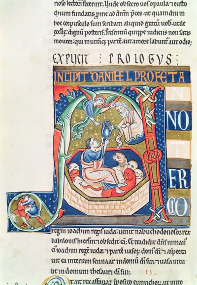 Ms 1 fol.185vスヴィニー聖書からライオンズデンでダニエルを描いた歴史的な頭文字A 作： French School