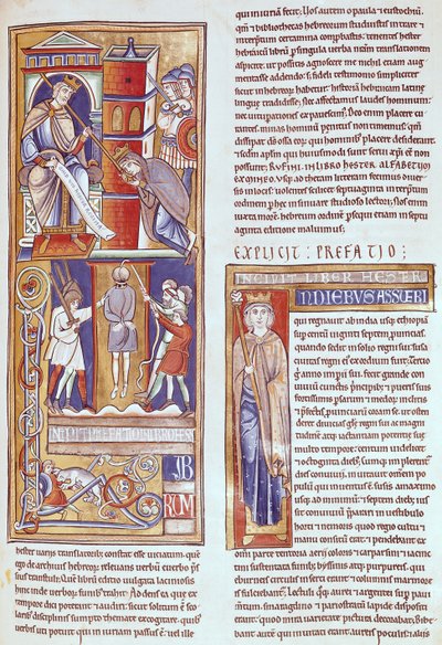 Ms 1 fol.284r EstherとAhasuerus、およびSoman聖書のハマンの吊り 作： French School