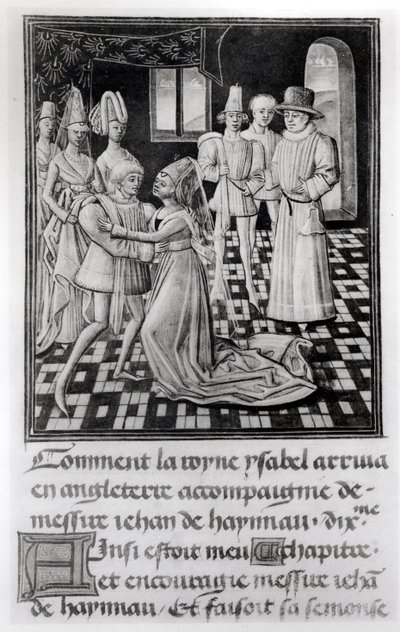 Ms. 1 fol。 6 vイギリスの女王であるフランスのイザベラがFroissarts Chronicleからハイナウト伯ウィリアム1世を去る 作： French School