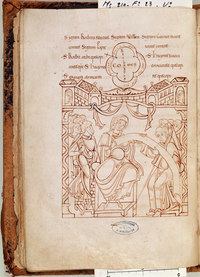 Ms 210 fol.23vモンサンミシェルのカルトゥールドレからモンサンミシェル修道院へのノルマンディー公爵夫人の寄贈1150年代 作： French School