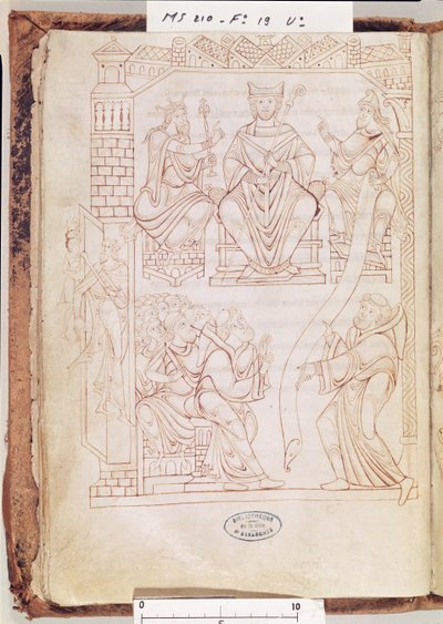 Ms 210 fol 19v。モンサンミシェル修道院：ノルマンディーのリチャード2世公爵が1150年代にモンサンミシェル修道院に土地と特権を贈った 作： French School
