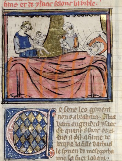Ms 22 fol.30双子の誕生ジェイコブとエサウ、ギアールデムーランの聖書歴史のミニチュア 作： French School