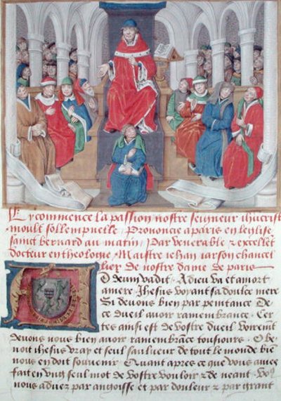 Ms 230 fol.1 Jean de Gerson（1363-1429）がパッションの説教をパリの聖ベルナール教会で午前中に説教しました。 作： French School