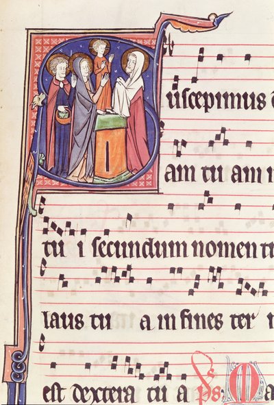 Ms 241 f.144歴史的なイニシャルS、1257年のヴォクレア修道院教会の奉献のためのアンティフォナールからの、寺院でのイエスのプレゼンテーション 作： French School