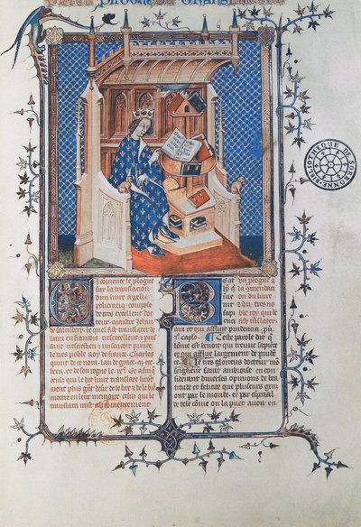 Ms 24287 fol. 2r フランス王シャルル5世（賢者）、ソールズベリーのジョン、ポリクラチックスより、デニス・フーレカティス訳、1372年頃（vellum 作： French School