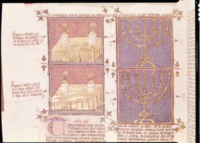 Ms 290 Tome 1 f.89v Nicolas de LyreによるPostilles sur la Bibleの供物と本枝の燭台の表 作： French School