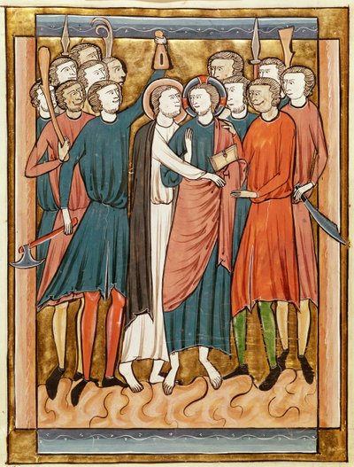 Ms 3016 fol.15vユダのキス、プサウティエ、パリの使者 作： French School
