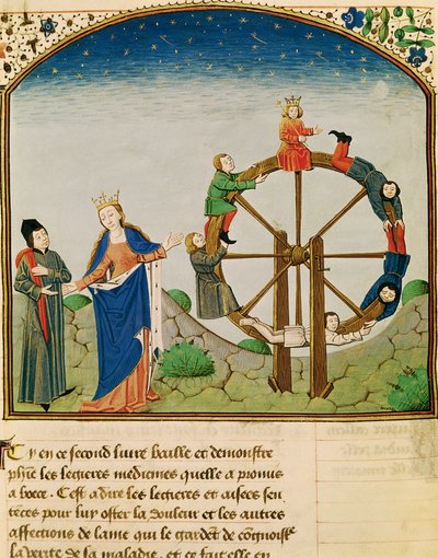 Ms 3045 fol.22v Boethius with the Wheel of Fortune、哲学の慰めから、ジャン・ド・メウン訳 作： French School