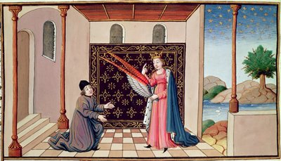 Ms 3045 fol.68v Lady Philosophyは彼の心が上空を飛ぶことを可能にする翼をボエティウスに提供します 作： French School