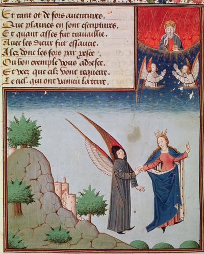 Ms 3045 fol.94rレディフィロソフィーは、飛行中のボエティウスを彼女が彼に与えた翼の上の空に導きます。父なる神が祝福を仰ぐ 作： French School