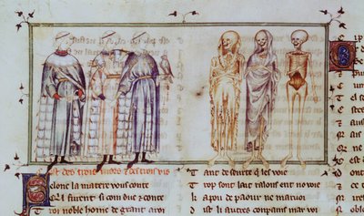 Ms 3142 fol.311r 3人の生きている男性と3人の死んだ男性の物語、Recueil de Poesies Francaises、c.1280-90 作： French School