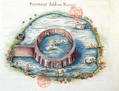 Ms 3242ブルボンランシー浴場、ニコラデニコライ作「General Description du Bourbonnais」からのイラスト、1569年（紙にトイレ） 作： French School