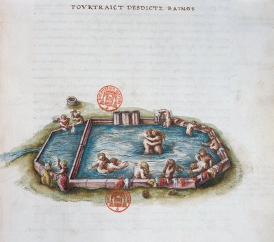 Ms 3243ブルボンの浴場lArchambaut、オーヴェルニュ、ニコラス・デ・ニコライ作のGenerale Description du Bourbonnaisからのイラスト、1569（紙にトイレ） 作： French School