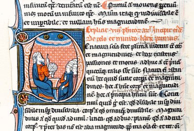 Ms 3458 fol 62voヒストリーテッドの頭文字Dは、アリストテレスが天球を持ち、西ヨーロッパの聖職者のグループ（ペンとインクとベルのテンペラ）を教えているときに天を指していることを表しています。 作： French School