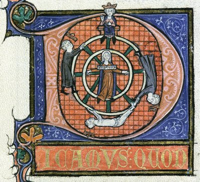 Ms 3469 fol.38 アリストテレスの「物理学」からの「運命の輪」 1280-85年頃 （ヴェラムにペン、インク、テンペラ 作： French School