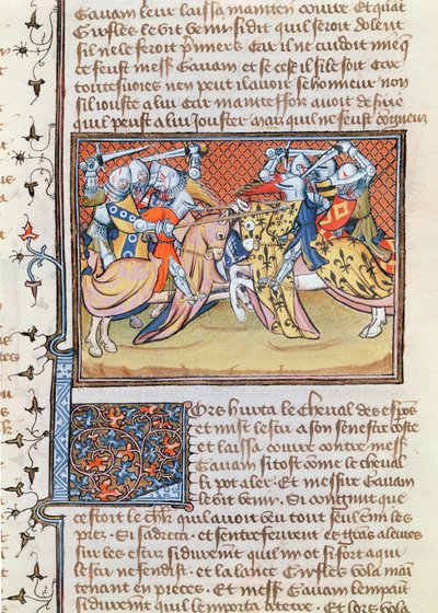 Ms 3479 t.1 fol.539馬が衝突するとき、Livre de Messire Lancelot du Lacから 作： French School