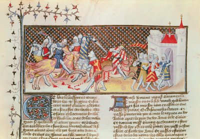 Ms 3479 t.1 fol.558 Livre de Messire Lancelot du Lacの騎士の戦いのシーン 作： French School