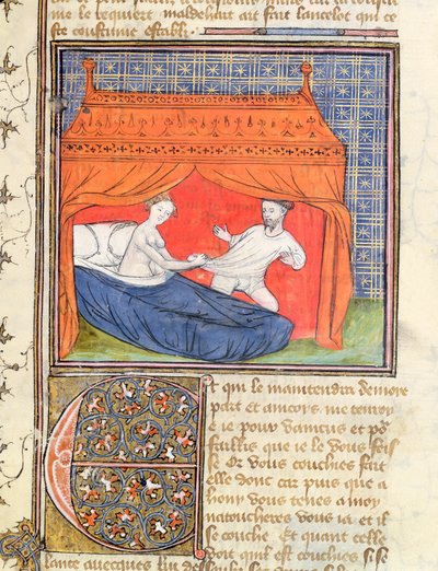 Livre de Messire Lancelot du Lacから、ベッドで女性から脱出しようとしているMs 3480 Lancelot 作： French School