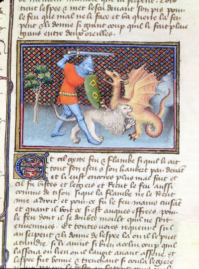 ライオンとの戦い、ドラゴンと戦うMs 3480イヴァン、ロマンデランスロットのミニチュア 作： French School