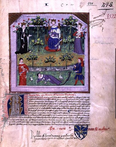 Ms 3522 fol.1 シャルル5世(1338-80)の命により1376年に作曲された「Somnium Viridarii」(Le Songe du Vergier)より、ナイトとビショップの口論を寝たふりをして目撃している作者(vellum) 作： French School