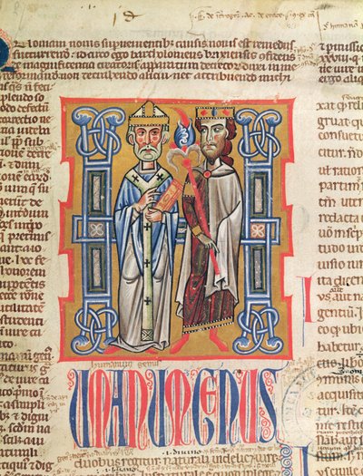 Ms 354 fol.9 14世紀のDecretum Gratianiの司教と王のミニチュア 作： French School