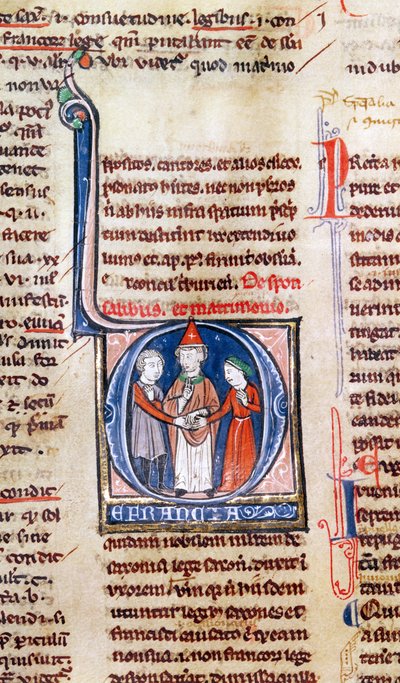 Ms 365 fol.318vグレゴリーIXのDecretalsからの結婚を描いた歴史的イニシャルD 作： French School